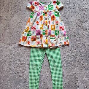 SweetHoney White Multi-Color Floral Patch Tunic with Green Gingham Leggings
